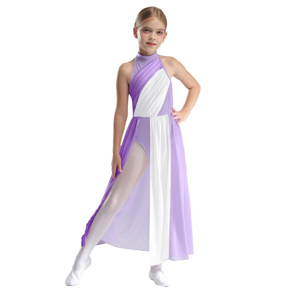 Girls Color Block Dance Dress Mock Neck Sleeveless Keyhole Back Split Modern Lyrical Performance Wear