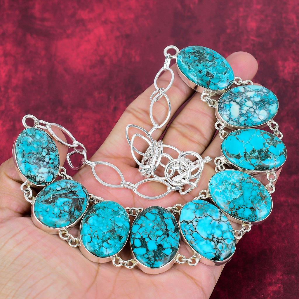 Blue Turquoise Handmade Gemstone Necklace, 925 Solid Sterling Silver Antique Jewelry Necklace, For Engagement Gift