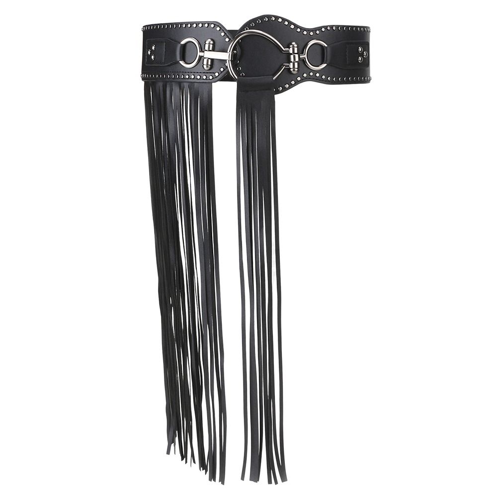 PU Leather Punk Belt Round Buckle Metal Studded Hiphop Jeans Belt Long Tassel Waist Decorate Accessories Waistband