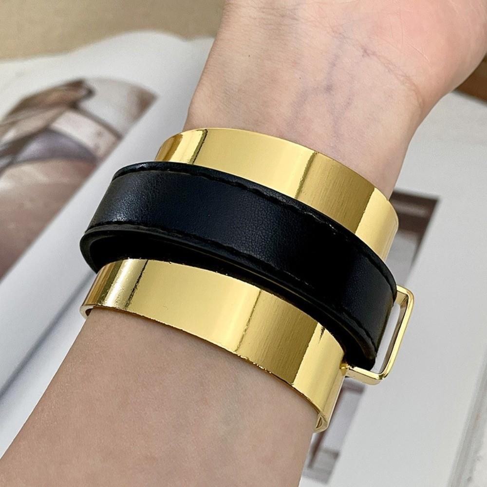 Silver Exaggerated Metal Bangle Golden Women Open Bangle Belt Buckle Leather Bracelet Versatile