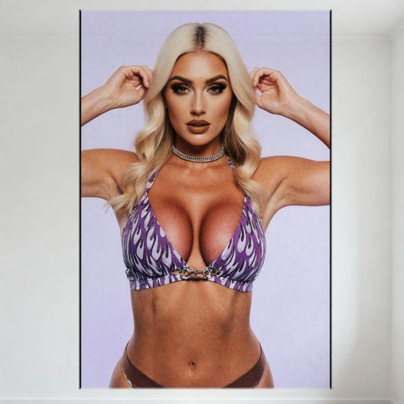 Sexy Blonde Woman with Muscular Physique Purple Bikini Metal Chain Detail Tin Sign Vintage Wall Decor for Bar Pub Home Cafe 8x12