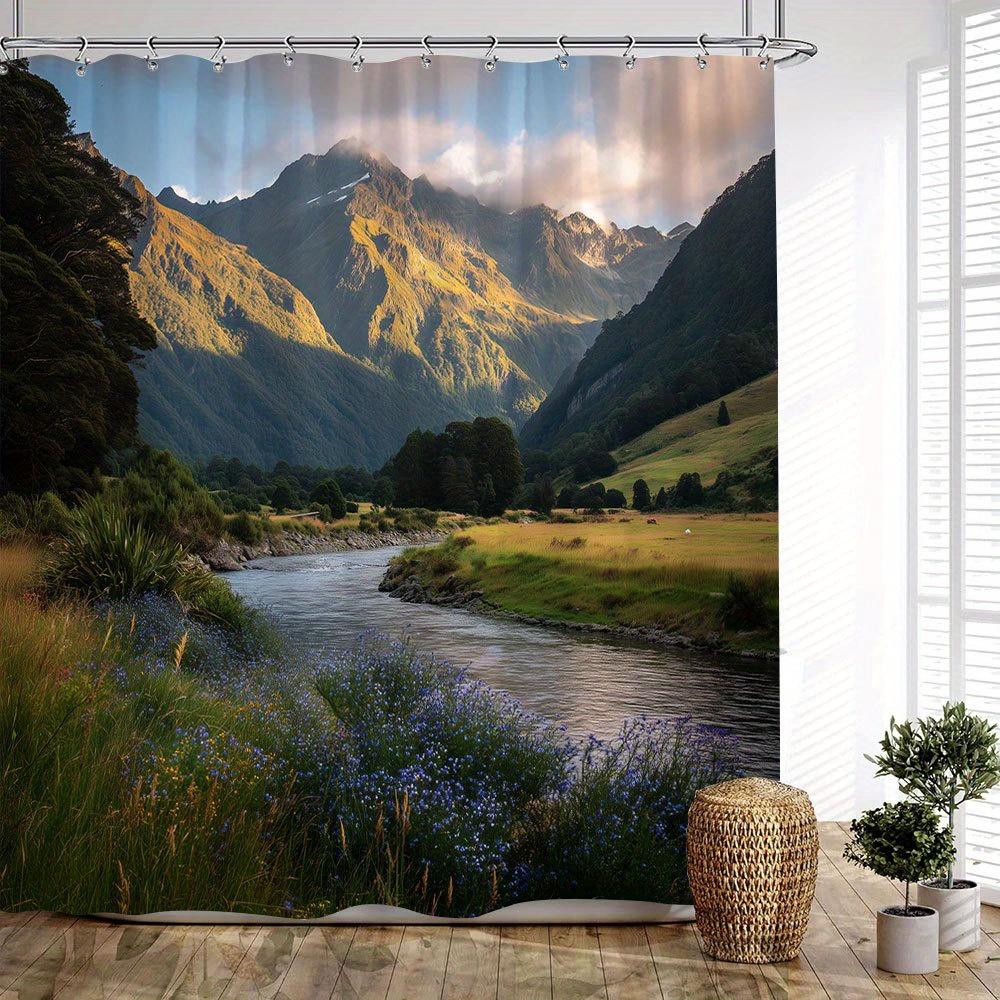 1Pc Mountain Sunset Shower Curtain - Snow-Capped Peaks, Golden River & Wildflowers Serene Landscape Photography Print, Durable