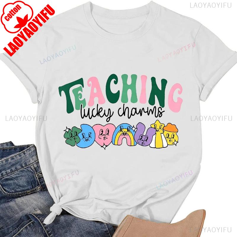 St Patricks Day Teacher Shirt for Women Teaching Lucky Charms TShirt Casual Lucky Irish Green Tee Tops Goth Women Clothing