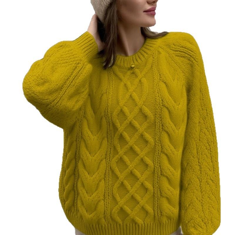 2026 sweater women's crew neck twist pullover autumn and winter lazy wind loose thickened twisted knitted sweater foreign trade women