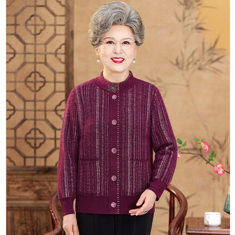 

Кардиган свитер для пожилой мамы, осенний, для среднего и пожилого возраста, вязаная куртка свитер, бабушкин осенний повседневный топ 4XL фиолетовый