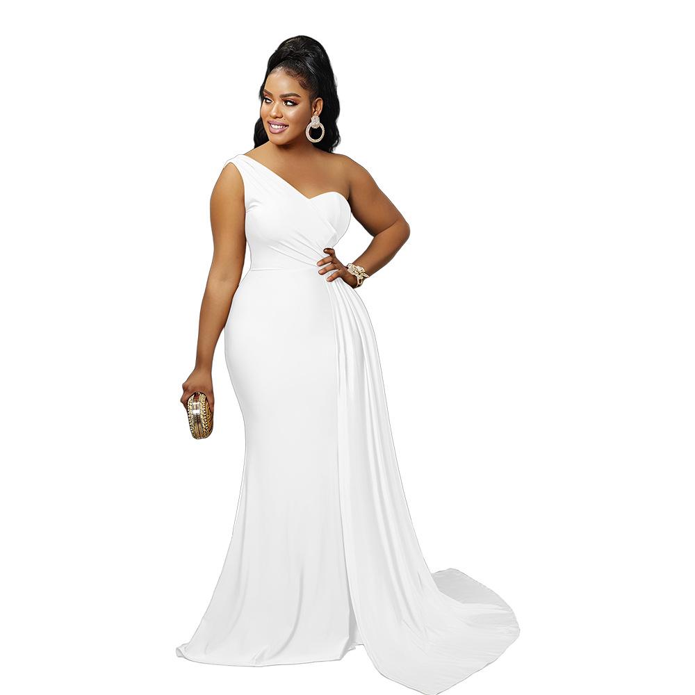 New Fashion Solid Color Sexy Tight One-shoulder Sleeve Long Dress for Party - Women's Private Wear Aristocratic Style Evening Gown