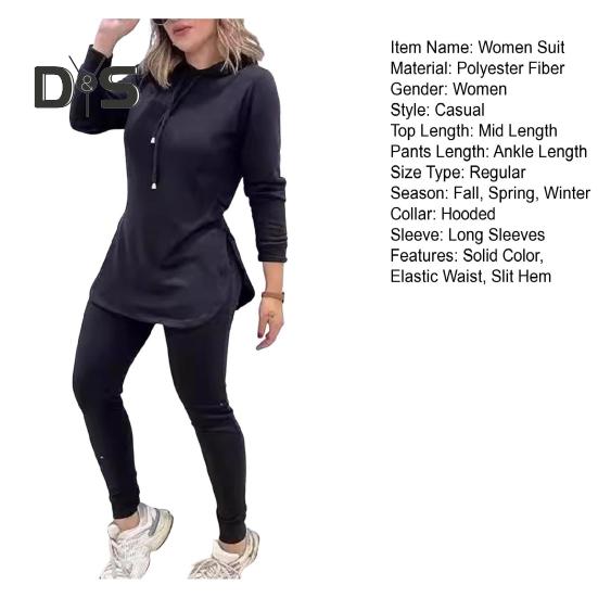 2 ks/sada Dámské Top Kalhoty Set S kapucí Dlouhé Rukávy Jednobarevná Mikina s rozparkem Elastický pas Slim Fit Kalhoty Sportovní outfit Podzim Jarní tepláková souprava