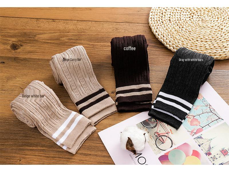 Winter Two-Stripe Cable Knit Over-the-Knee Cotton Socks - Slimming Korean Academy Style Scrunch Socks for Women
