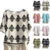 Women's Fashionable And Casual Shirt Half-sleeve Round Neck Print Cotton And Linen Blouse Top