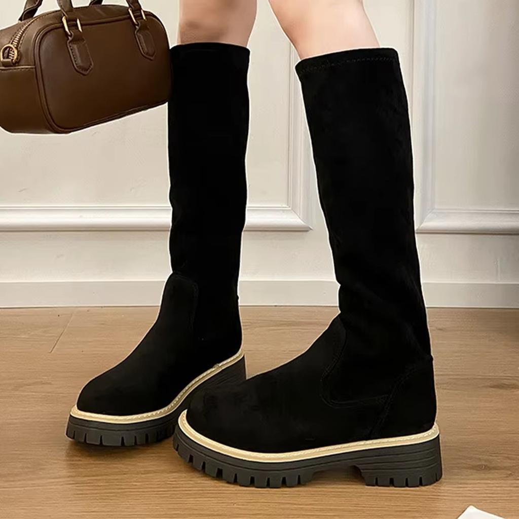 Thick-soled Riding Boots Women's Solid Color Flannel - Stretch Boots Fashion Chunky Heel Knee-high Boots