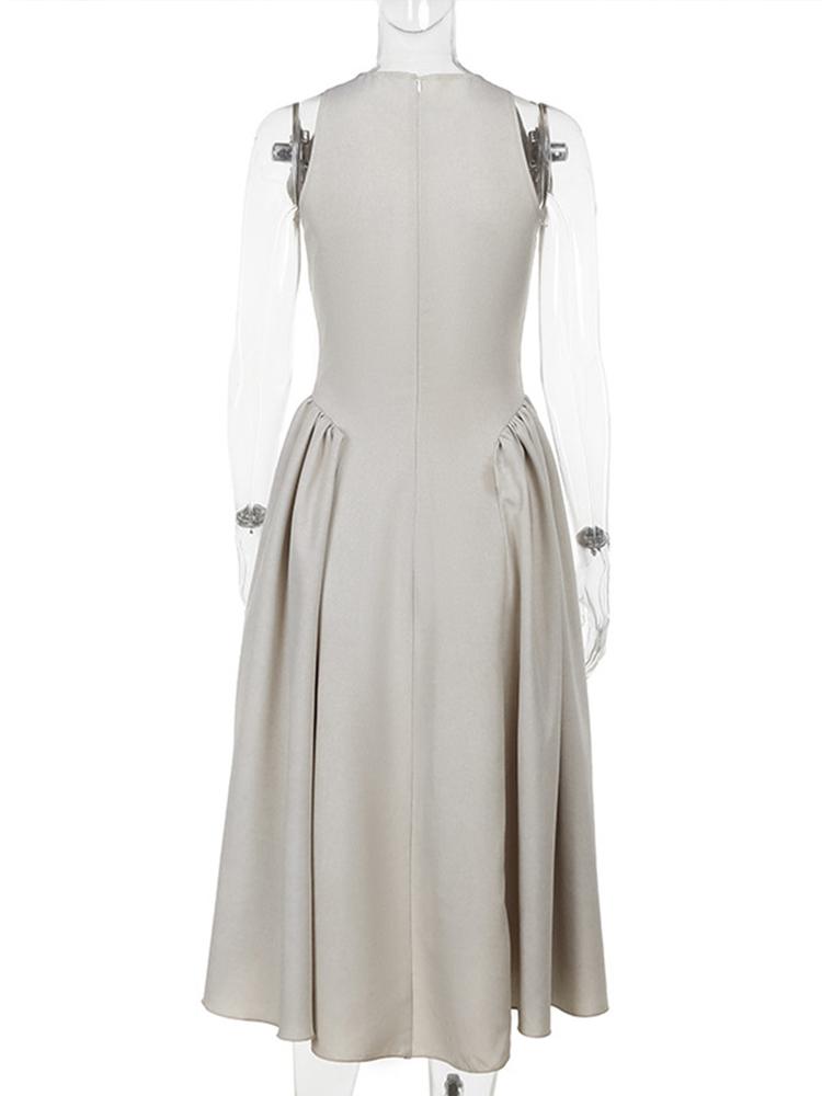 Hollow Out Pleated Single Button Lady Mid Women Dresses Sleeveless Summer A Line Female Party Robes