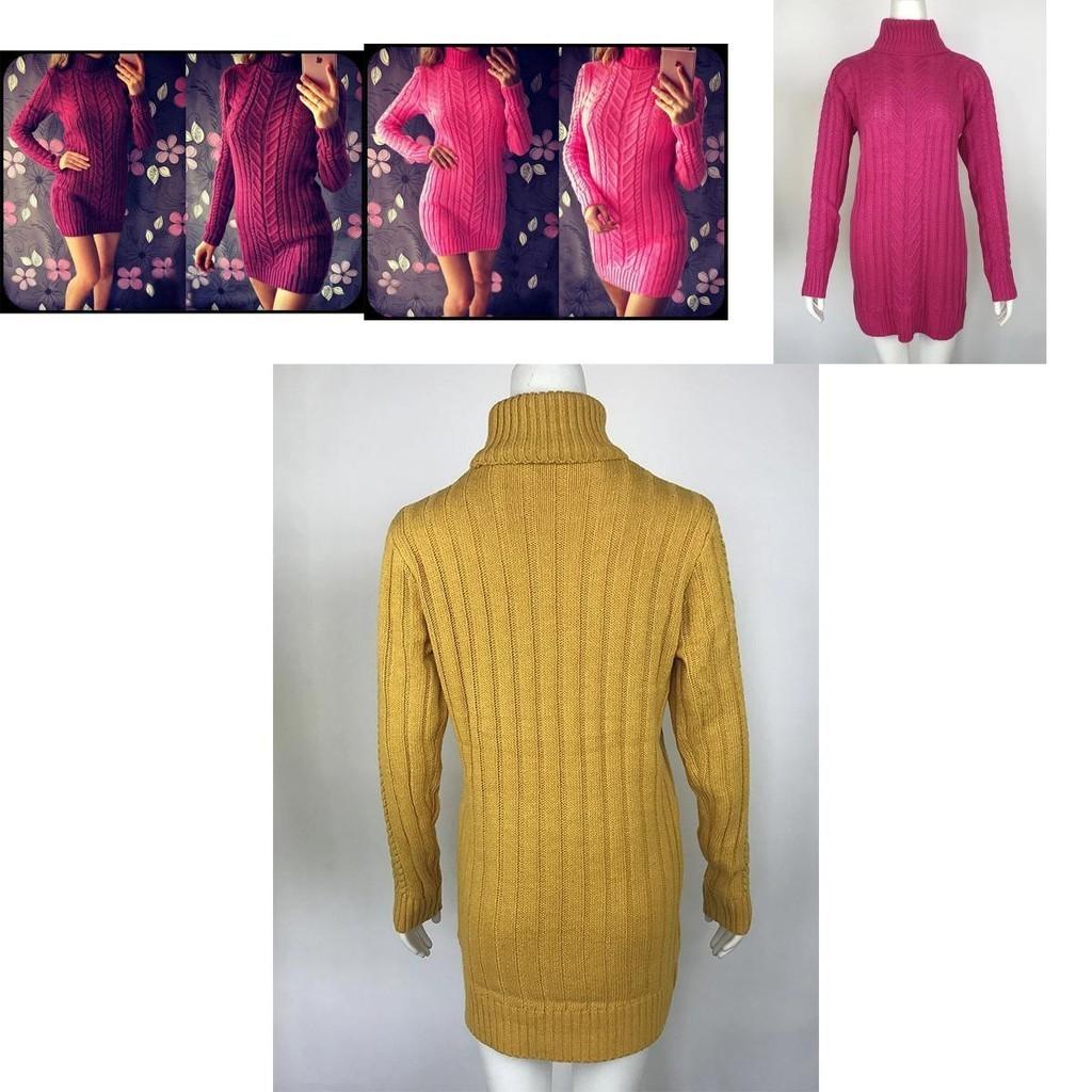 Vestito Sexy Autunnale e Invernale in Maglia Vestibilità Aderente e Collo Alto Design a Treccia
