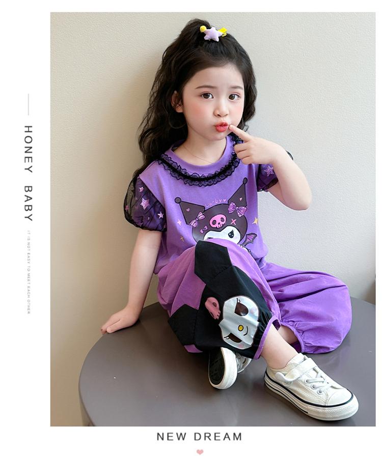 Girls' Kuromi Set Summer 2026 New Children's Lace Short Sleeve Summer Set for Girls' Baby Casual Two Piece Set