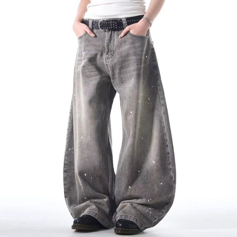 Vintage Washed Denim Wide-Leg Straight Jeans Men Women Gray Loose Fit Streetwear Casual Pants