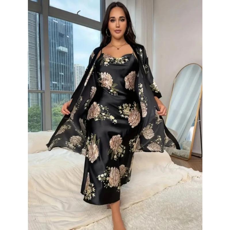 

Пижама больших размеров, женская длинная, искусственный шелк, сексуальный пижамный комплект, повседневная, свободная, с принтом, комплект из 2 предметов 4XL чёрный