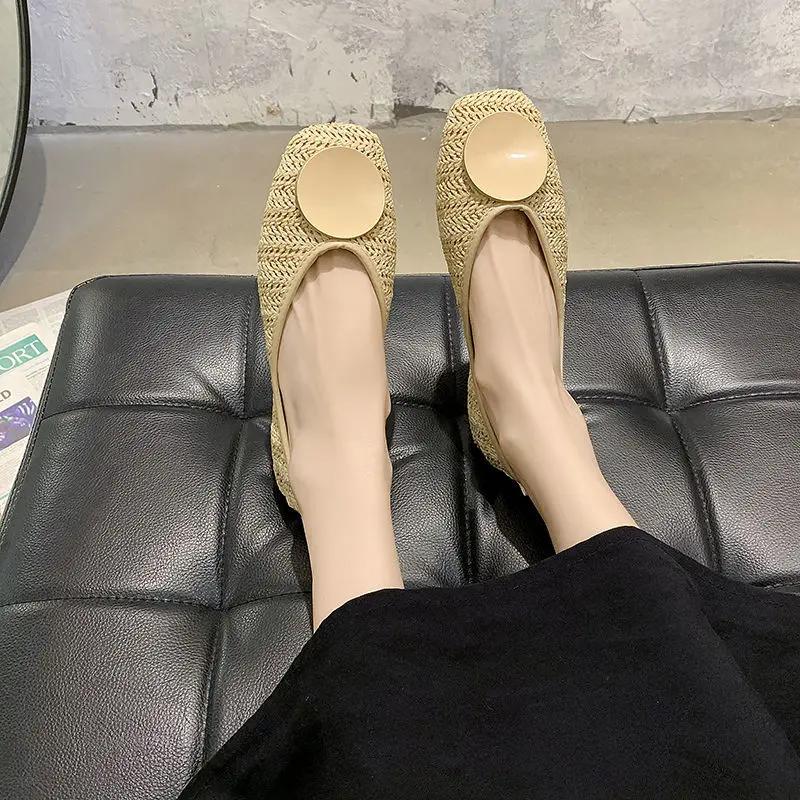 Woman Footwear Kawaii Apricot Shoes For Women With Bow Flats Flat Cute Normal Leather Casual Square Toe Korean Style Chic Point