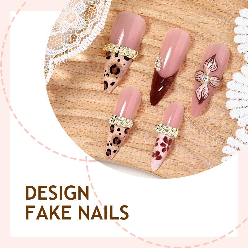 European & American almond press on nails with leopard print, chains and 3D flowers, premium finished fake nails for wholesale.
