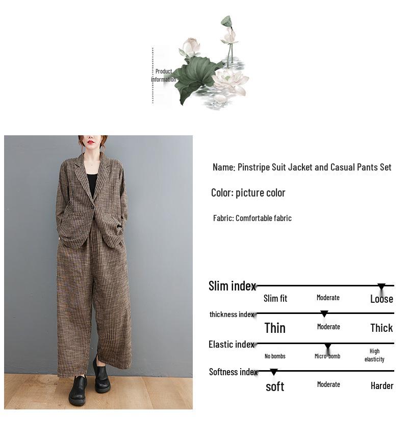 Damen 2024 Herbst Retro Baumwolle Leinen Gestreifter Blazer & Weitbeinige Hose Set