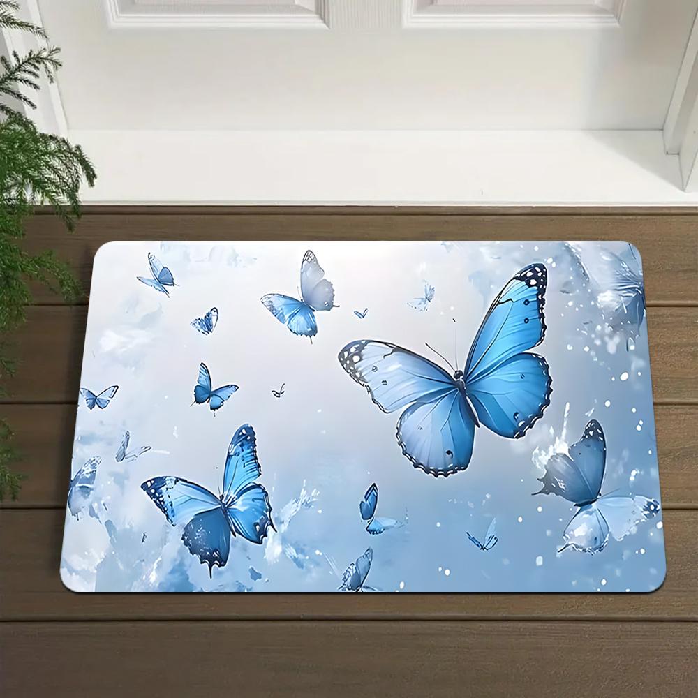 1pc Blue butterfly patterned floor mat, machine washable polyester, suitable for bedroom and living room décor.