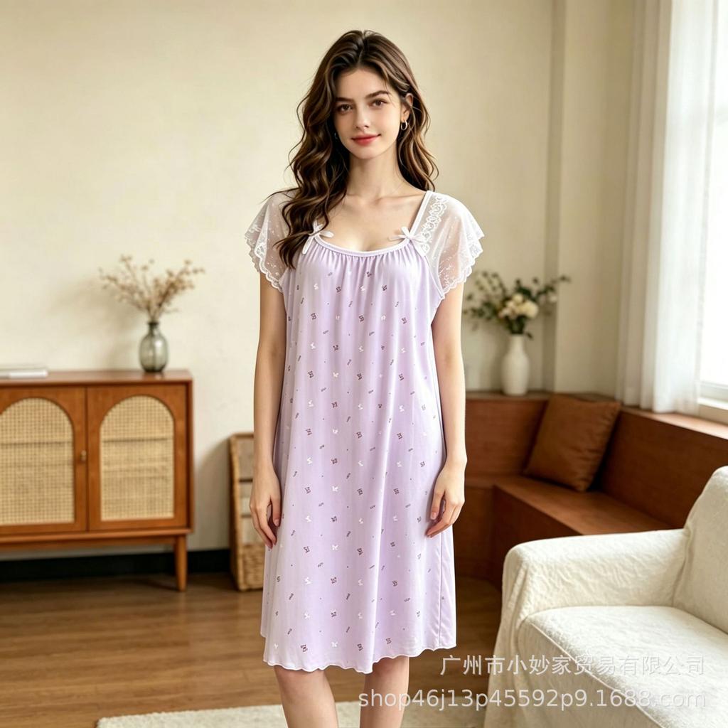 Beliebtes Damen-Nachthemd süße Spitzenapplikation bedruckter Rock bequeme Loungewear Pyjama