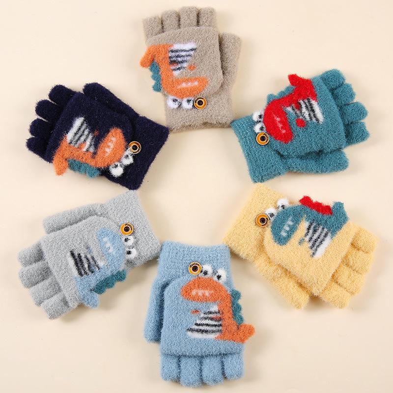 Dětské roztomilé kreslené dinosauří palčáky s odklápěcí horní částí: Hřejivé vlněné rukavice bez prstů na zimu