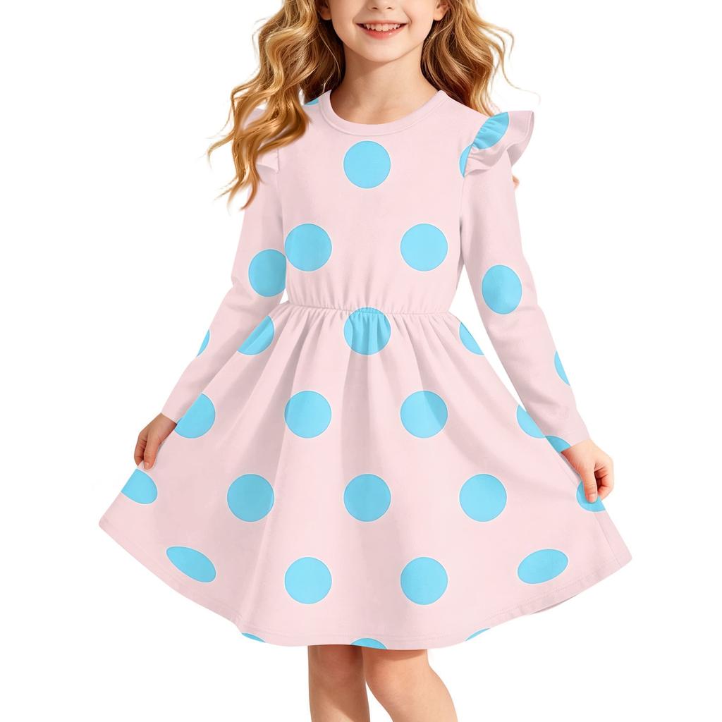 Girls Christmas Print Long Sleeve Dress with Sleeves for Holiday Party and