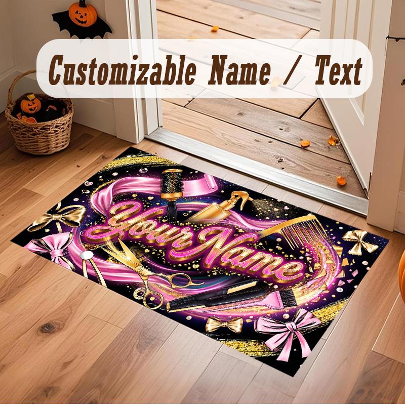 Barber Salon Theme Soft Crystal Velvet Rug Custom Name & Text Print Non Slip Floor Rug for Bedroom Living Room