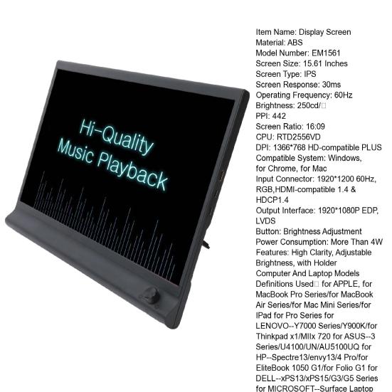 15.6-inch FHD IPS Laptop Expansion Screen 1080P High Clarity Portable School Work Entertainment Expansion Screen with Holder