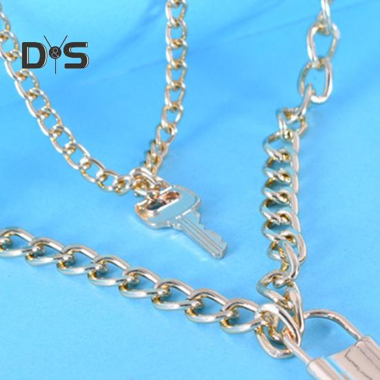 Women Necklace Smooth Two Layers Key And Lock Pendant Hollow Chain Retro Stainless Individual Clavical Necklace Neck Decoration Jewelry
