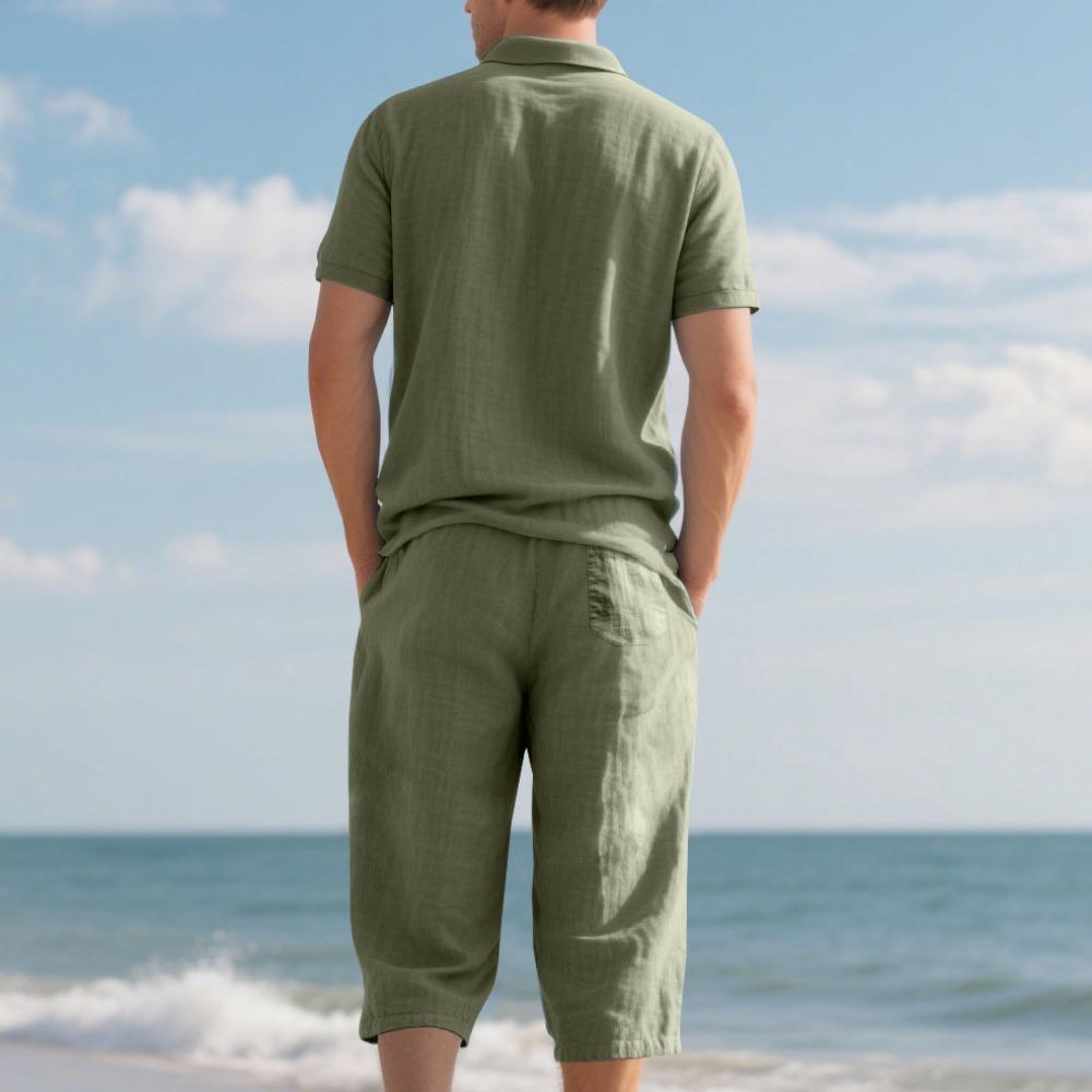Men's Summer New Short Sleeve and Shorts Set, Made of Linen Fabric, A High-Quality Two-Piece Short Sleeve and Shorts Set