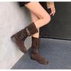 Fashion New Fashion Retro Style Women Western Cowgirl Boots Fashion Elegant Cross Strap Belt Buckle Shoes Low Heel Women's Mid Calf Boot