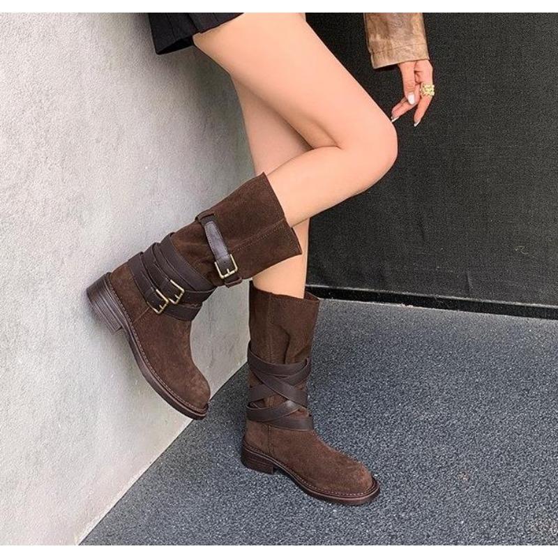 Fashion New Fashion Retro Style Women Western Cowgirl Boots Fashion Elegant Cross Strap Belt Buckle Shoes Low Heel Women's Mid Calf Boot
