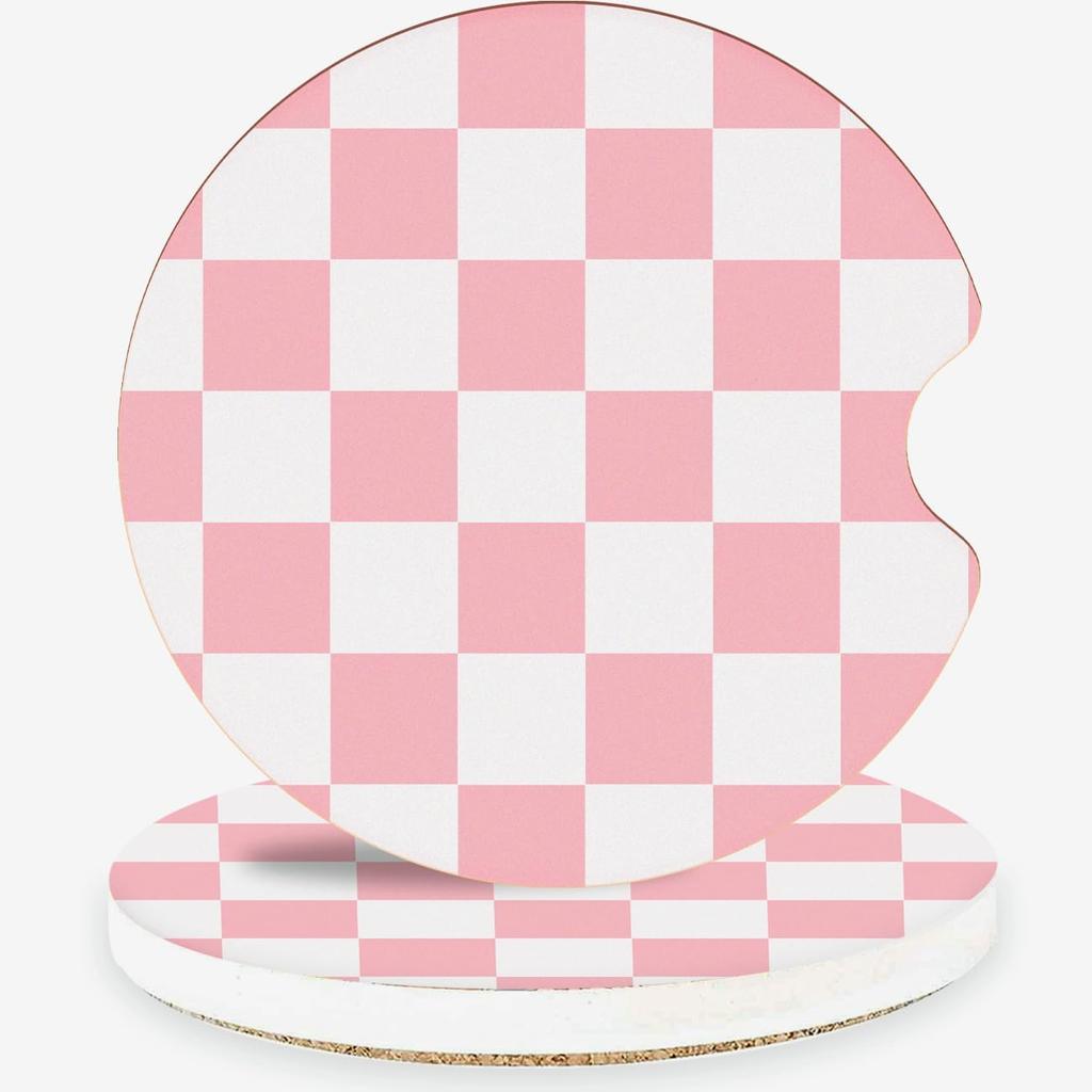Black Checkerboard Ceramic Car Coasters – Absorbent Car Cup Holder Coaster Set for Women & Men, Cool Aesthetic Car Accessories, 2 Pack