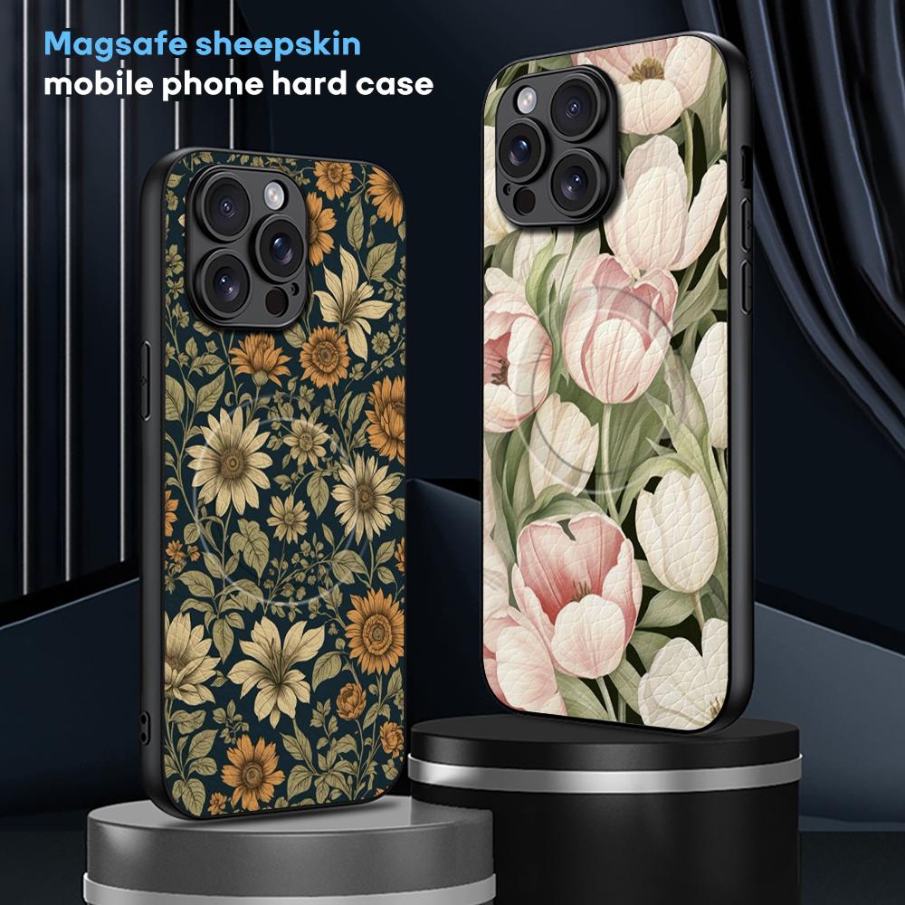 Art Retro floral pattern painting design Phone Case For iPhone 16 15 14 13 12 11 Plus Pro Max High-end Luxury Magsafe Sheepskin