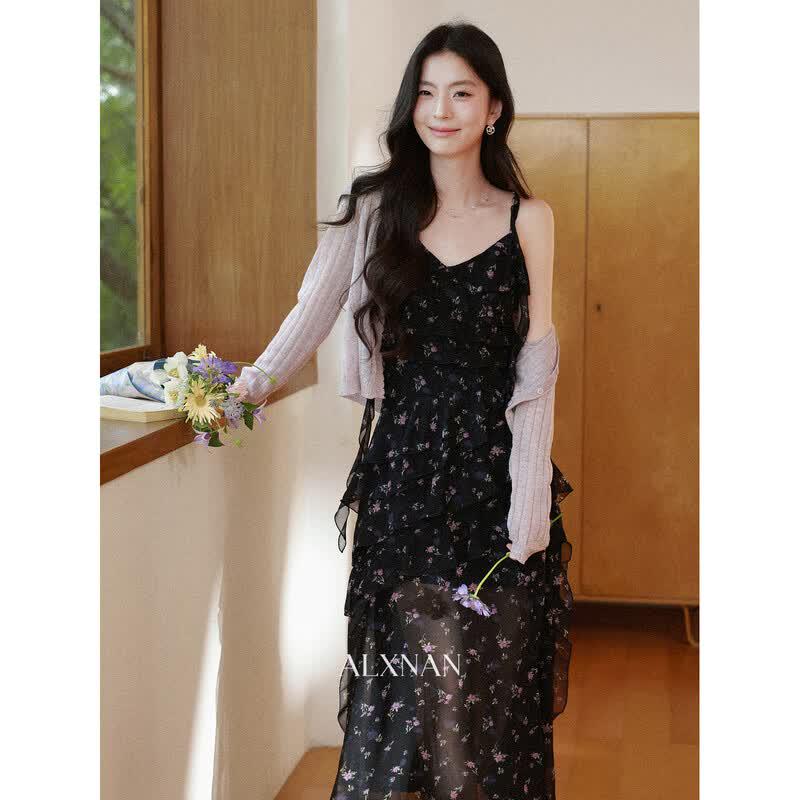 Women s Black French Style Suspender A-line Dress S