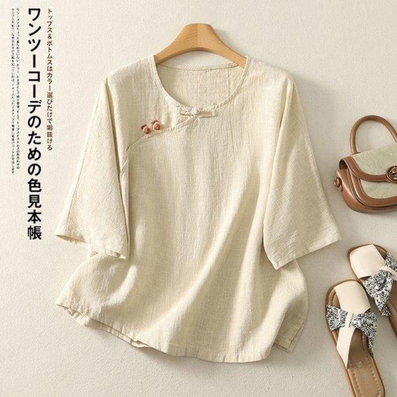 Women Chinese Style Frog Button Round Neck Three Quarter Sleeve Linen Cotton Blend Blouse