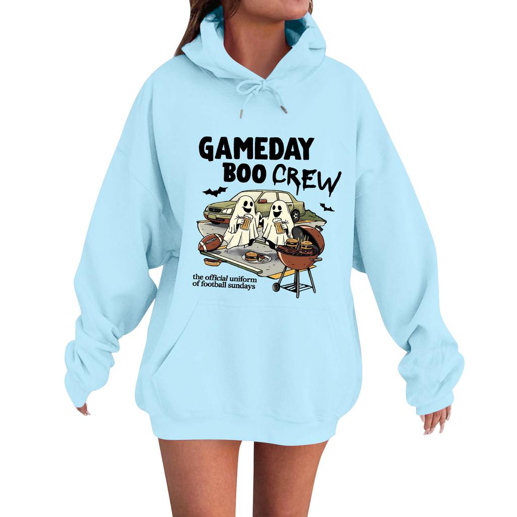 Women's Casual Fashion Comfortable Round Neck Gameday Boocrew Halloween Print Hooded Sweatshirt