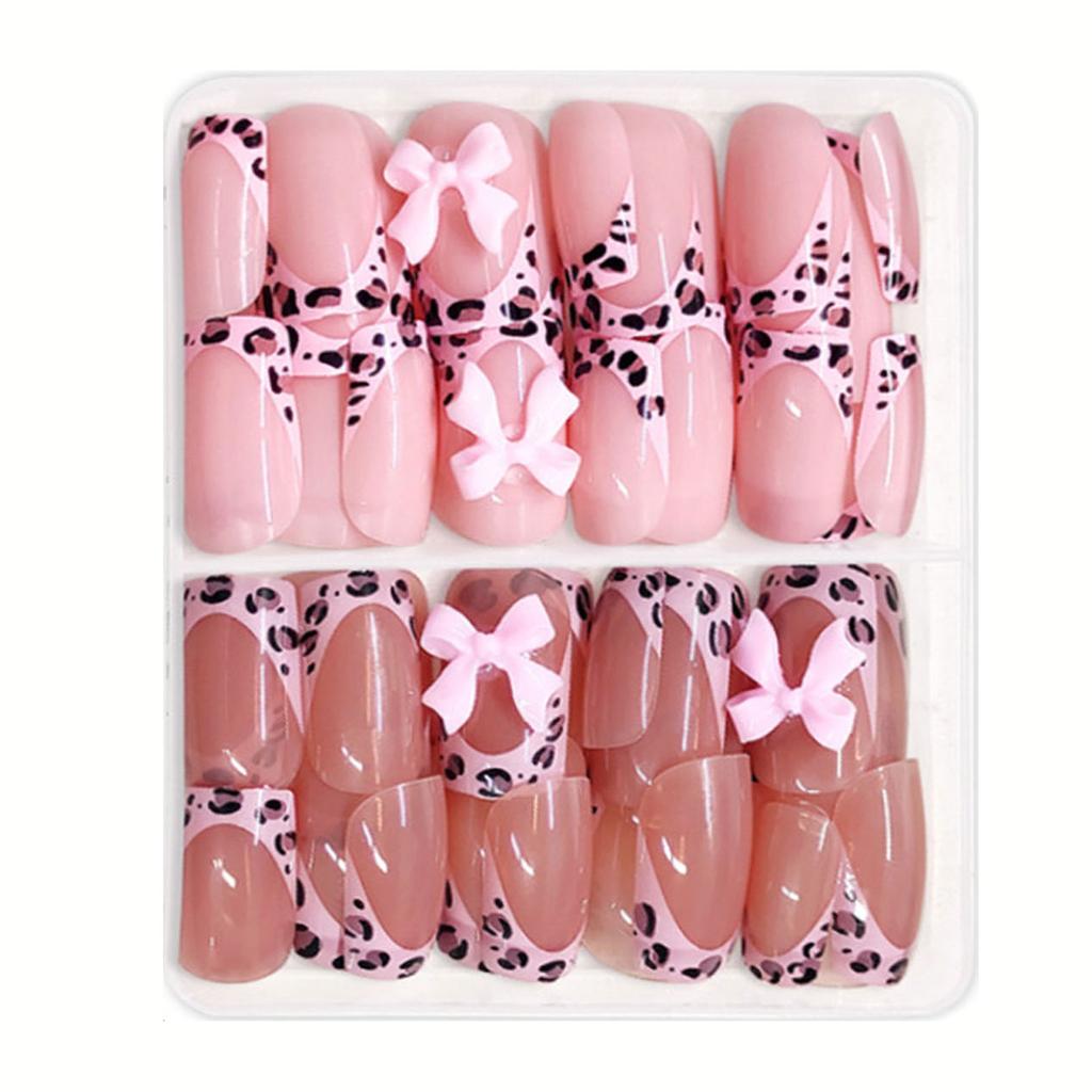 Paket med 48 glansiga rosa press-on-naglar med 3D-rosetter, leopardmönster, korta franska spetsar, fyrkantig form, lösnaglar för kvinnor