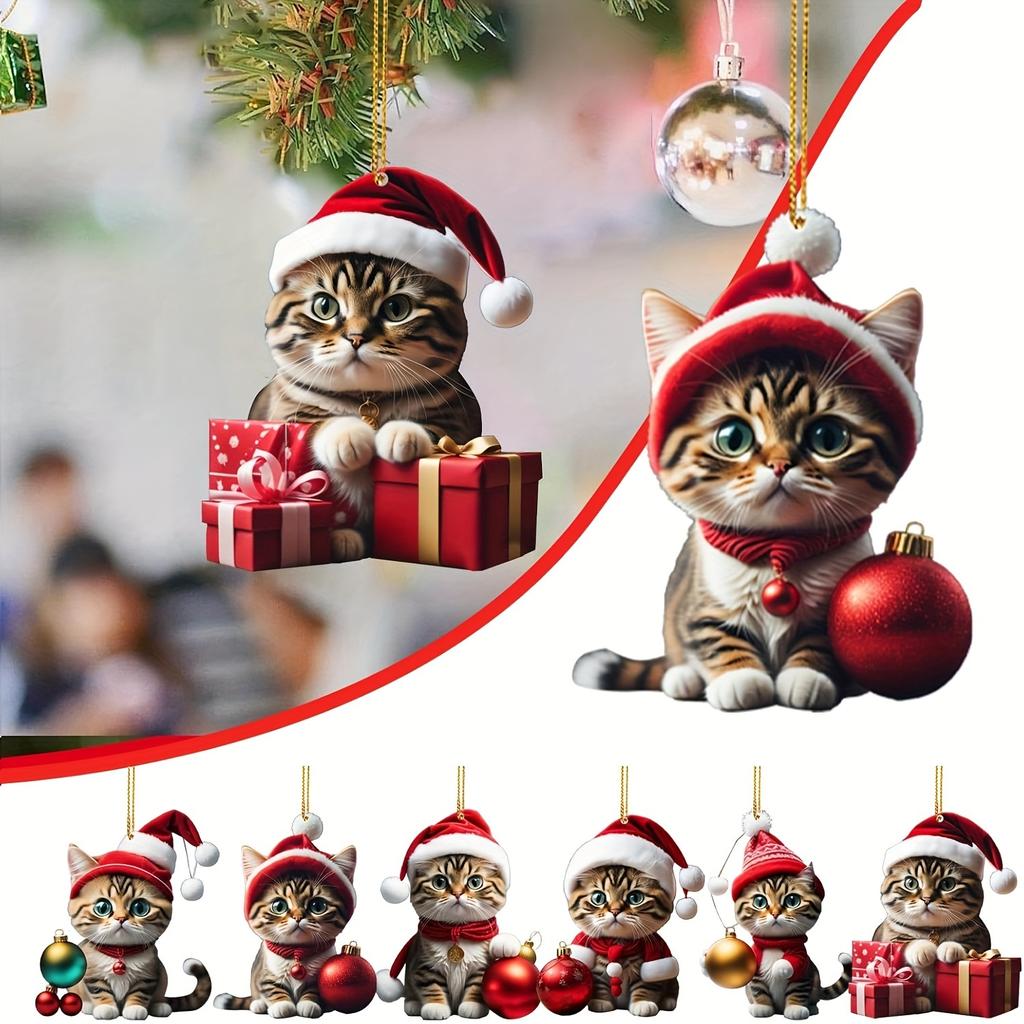 6Pcs Christmas Pendents Set Cartoon 2D Acrylic Cats Ornament with Lanyard Festive Christmas Party Pendant Home DIY Decoration