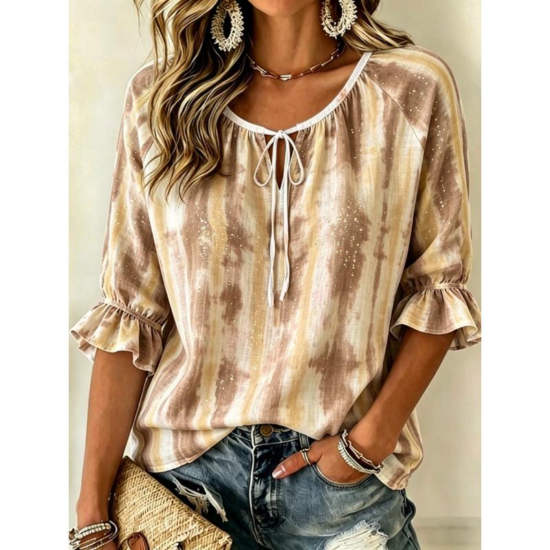 Women's Beige Tie-Dye Print Tie Neck Blouse, Casual Loose Tops for Spring Summer Daily Wear & Vacation Occasions