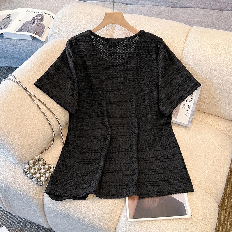 Großes gestricktes T-Shirt mit Rundhalsausschnitt für Damen im Sommer, Neuer Stil, mit offenem Design zur Schlankheitskurve, Kurzarm-Top