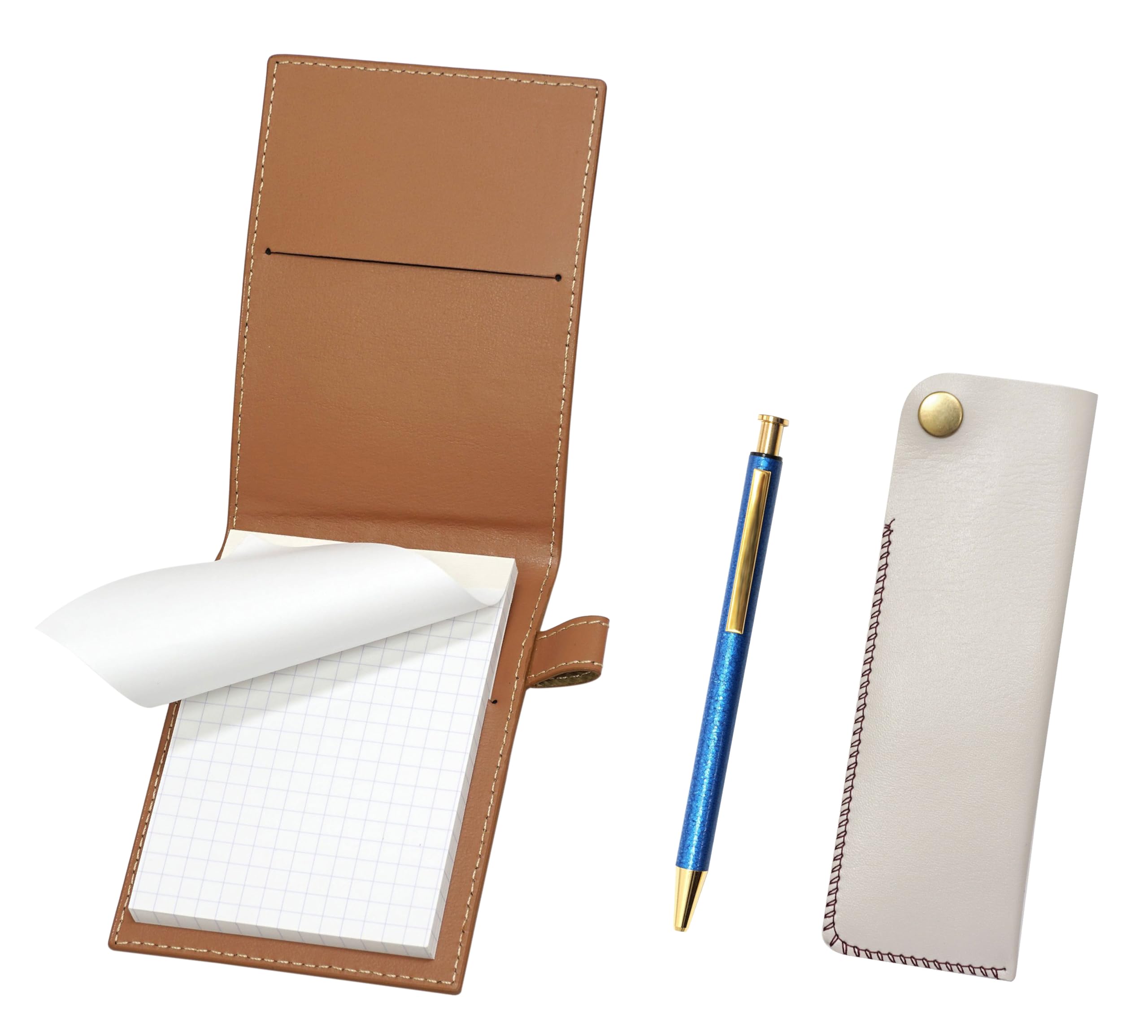 

Recycled cowhide mini notebook cover in mocha with a white pen case lizard and a blue ballpoint pen set snap-closure (NQ26), all-metal finish, синий