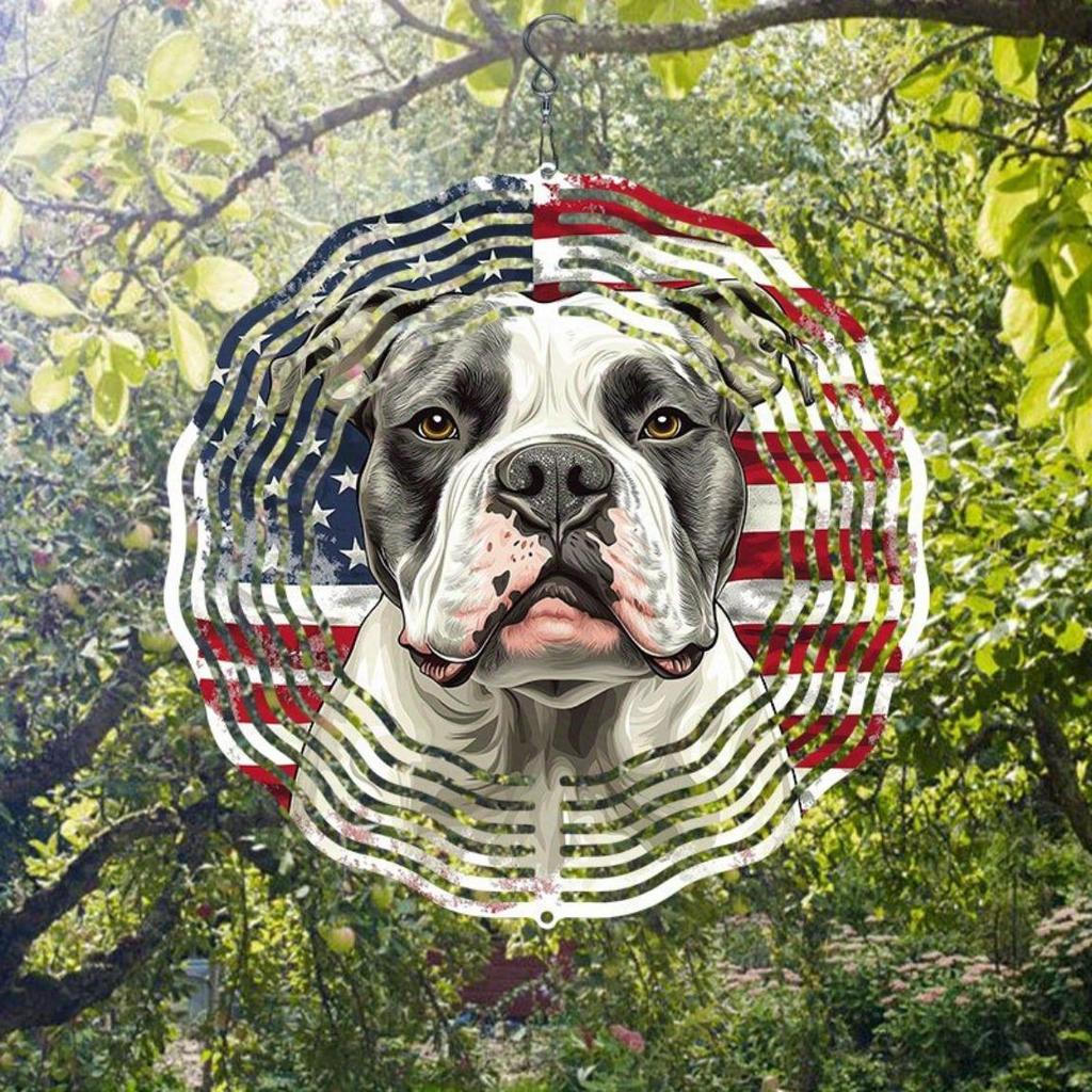 Patriotic Metal Wind Chime American Flag Bulldog Design Dual Direction Rotating Garden Decor No Power Needed Easy To Install