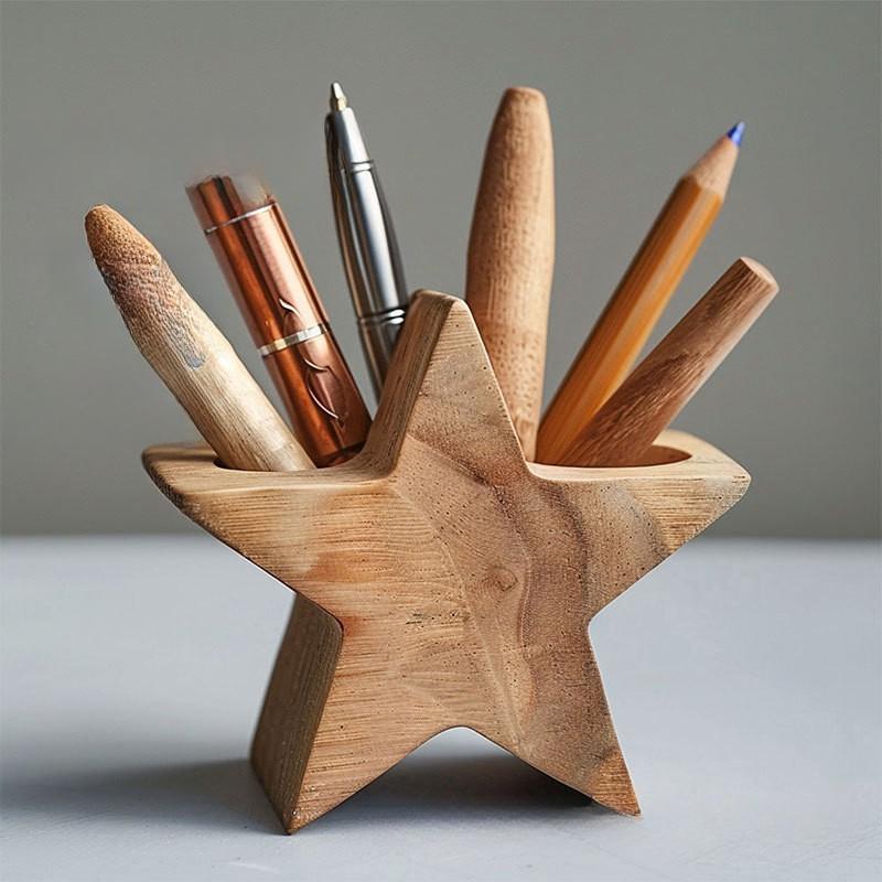 Wooden Pen Holder, Pentagram, Solid Wood Pen Holder, Office Desktop Storage Box, Desk Ornament, Wooden Handicrafts