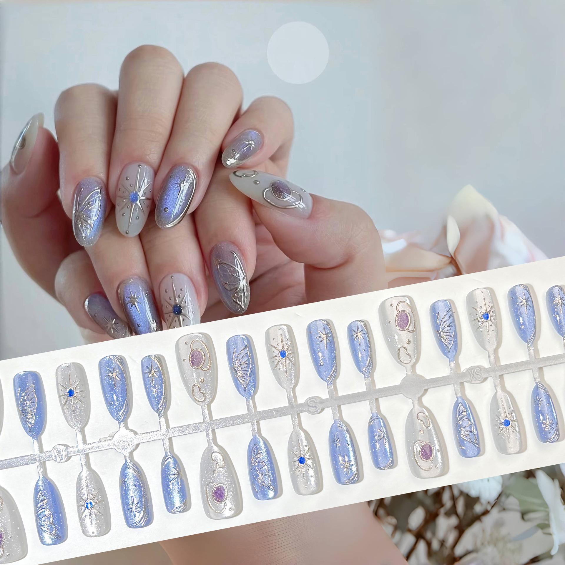 

Galaxy Blue Cat Eye Long-Wear Nails - Blue-Purple Versatile Nail Art Patches