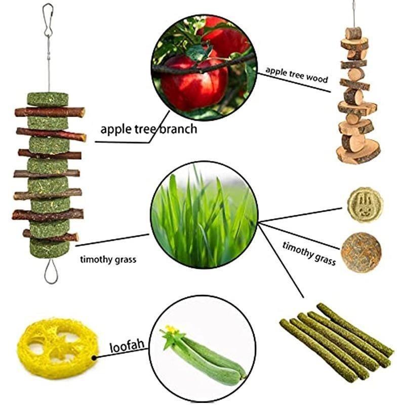 20 PCS Bunny Chew Toys for Teeth Natural Rabbit Toys Apple Wood Grass Sticks Chew and Treat for Guinea Pigs Hamster Chinchillas
