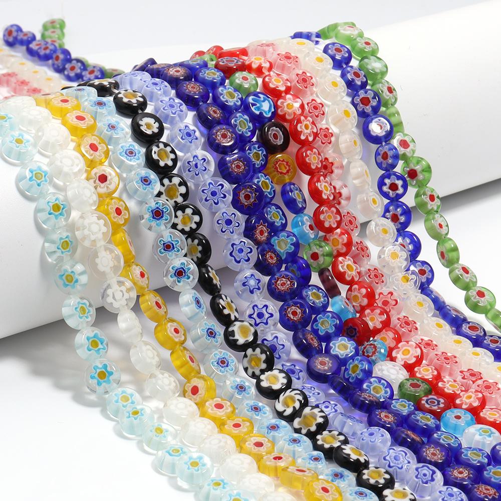 35-60pcs/lot Round Flat Flower Lampwork Beads Colorful Millefiori Glass Beads Loose Spacer Beads For Jewelry Making Accessories