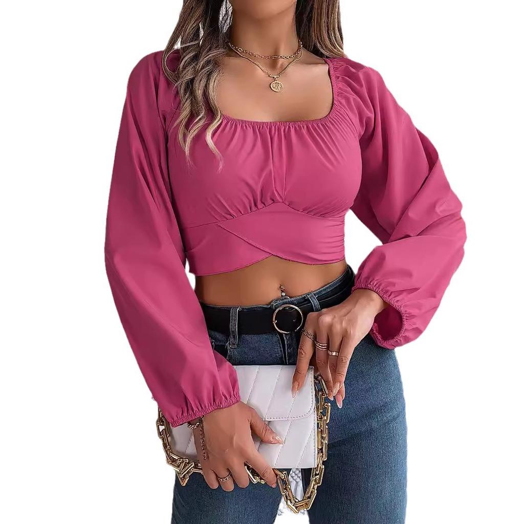 QICED Spring Summer Casual Lantern-sleeved, Lace-up, Waist-cinching Chiffon Blouse, Crop Top for Women