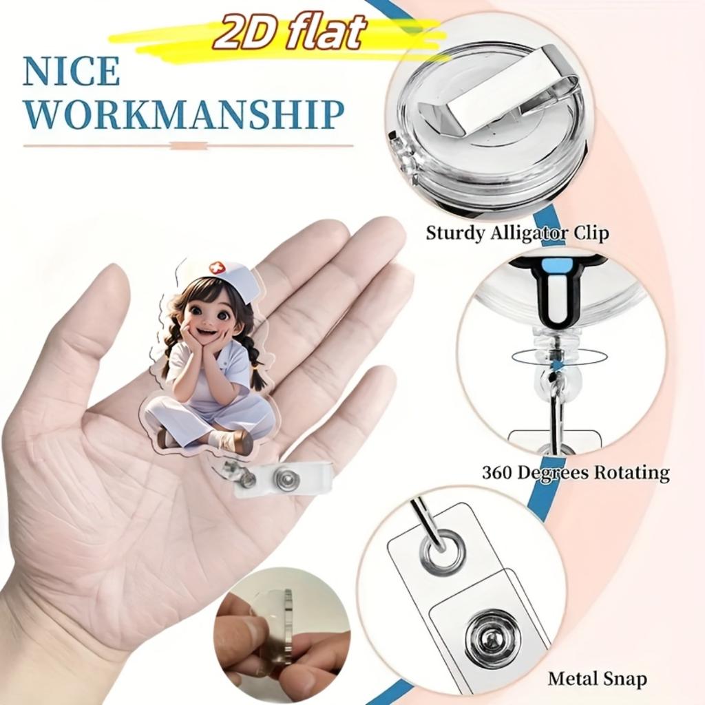 Cartoon Smiling Nurse 2D Flat Acrylic Retractable ID Clip, Sturdy Badge Holder For Nurses And Medical Learners, Essential Daily Nurse Accessory