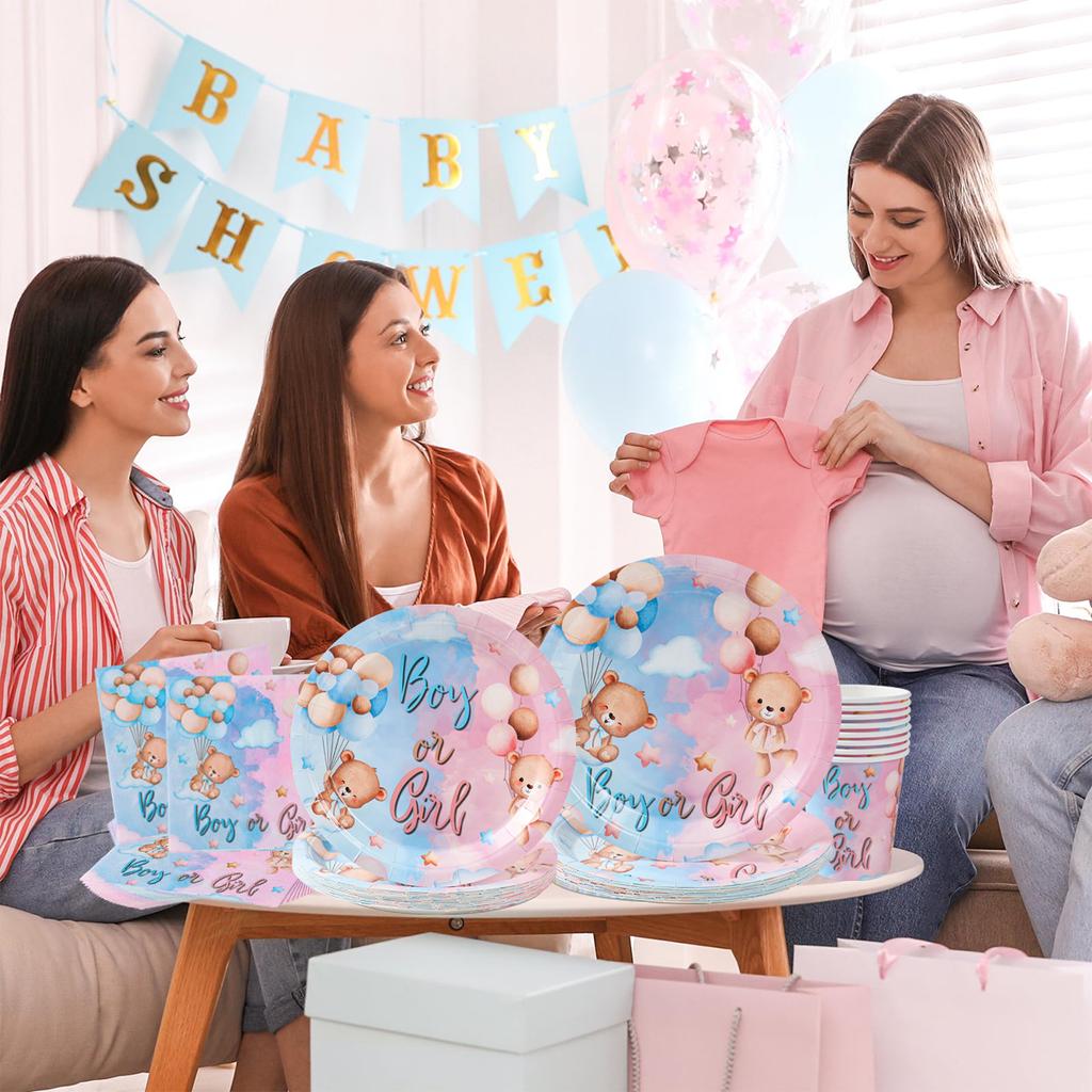 Pink Blue Teddy Bear Disposable Tableware Set Boy or Girl Paper Napkin Plate Gender Reveals Baby Shower Party Decor Supplies